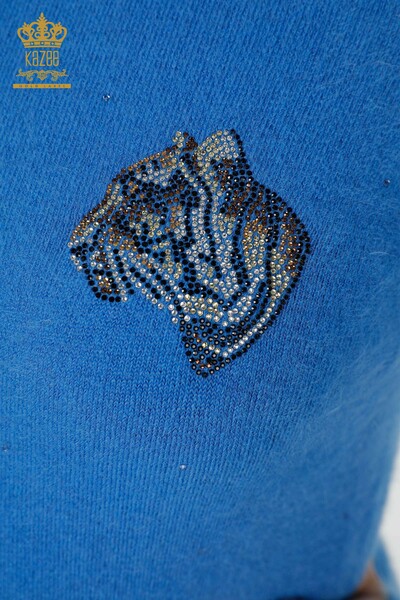 كنزة تريكو نسائية بالجملة بنمط النمر أزرق أنجورا - 18955 | كازي - Thumbnail