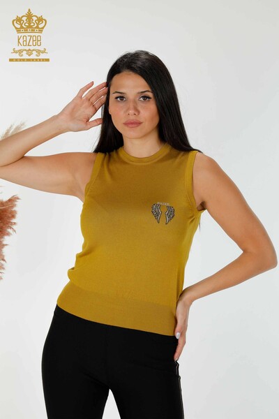 ملابس تريكو نسائية بالجملة بنمط جناح الملاك بدون أكمام لون أصفر خردل - 16921 | كازي - Thumbnail