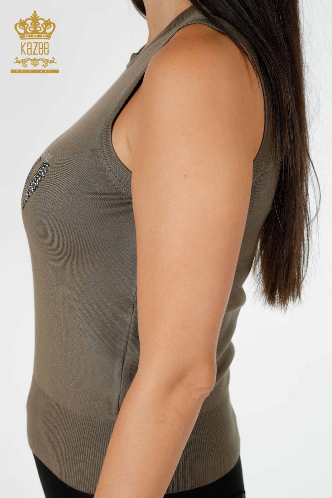تريكو نسائي بالجملة بنمط أجنحة الملاك مزين بلا أكمام كاكي - 16921 | كازي - 4