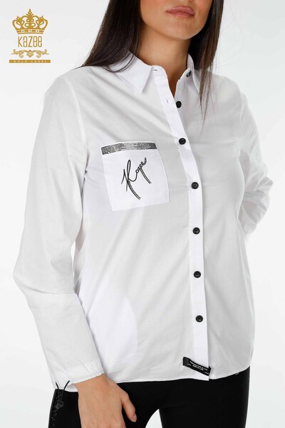 قميص نسائي بالجملة مع نص مفصل أبيض - 20089 | كازي - Thumbnail
