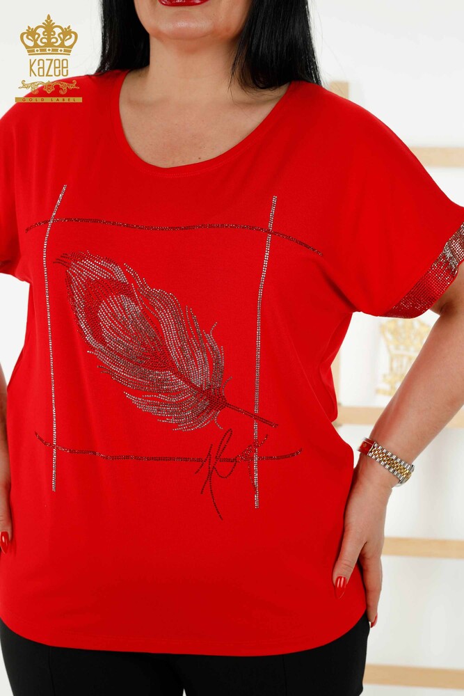 بلوزة نسائية - بنمط ورقة شجر - احمر - 78878 | كازي - 2