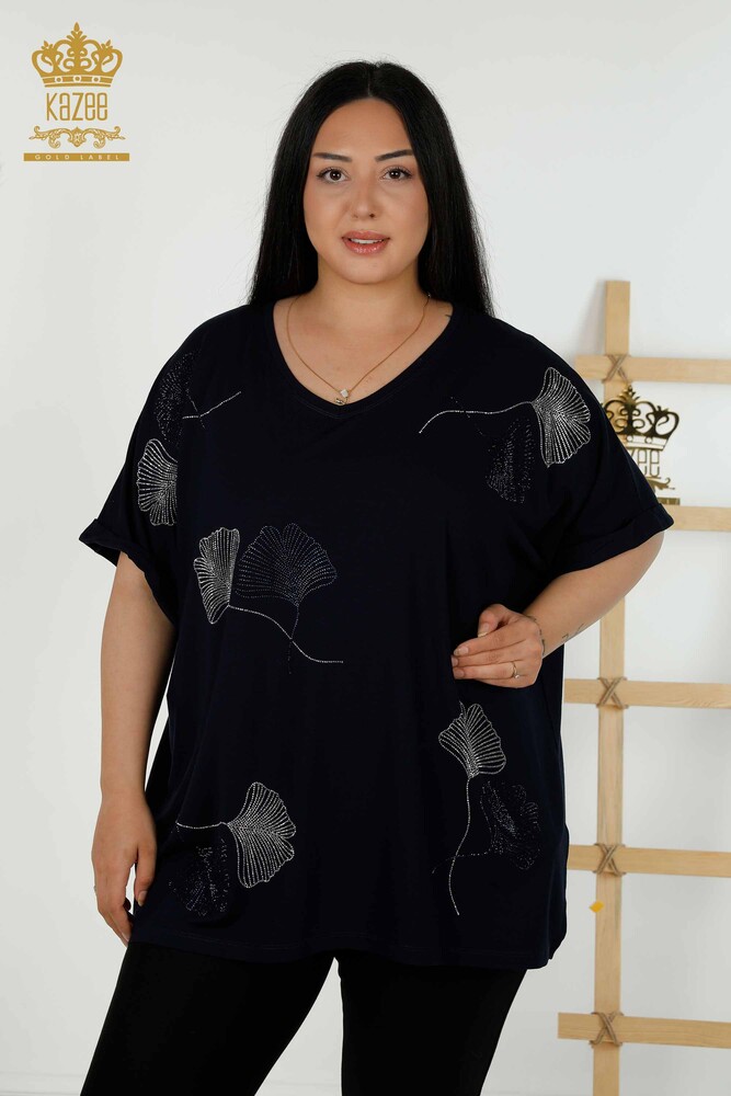 بلوزة نسائية بالجملة - منقوشة على شكل ورقة شجر - كحلي - 79318 | كازي - 1