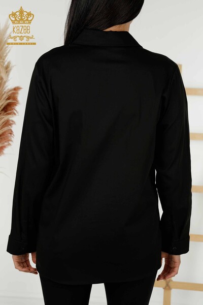 قميص نسائي بالجملة - مزين بالورود - جيب - أسود - 20412 | كازي - Thumbnail