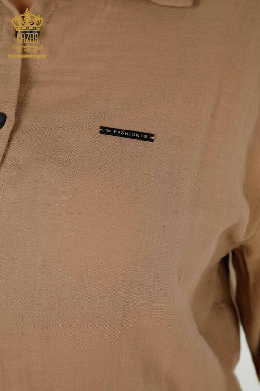 قميص نسائي بالجملة - كم - مفصل بأزرار - بيج - 20403 | كازي