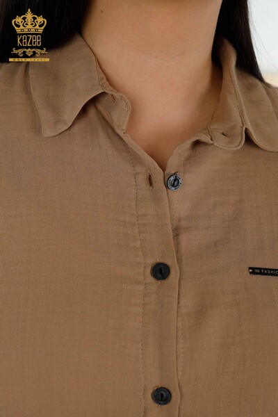 قميص نسائي بالجملة - كم - مفصل بأزرار - بيج - 20403 | كازي - Thumbnail