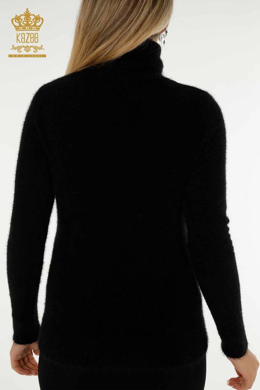 الجملة المرأة سترة تريكو الأنجورا الياقة المدورة الأسود مع الشعار - 12046 | كازي
