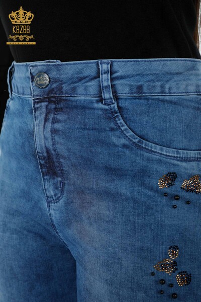 بنطلون جينز نسائي - جيوب مطرزة بأحجار ملونة - 3606 | كازي - Thumbnail