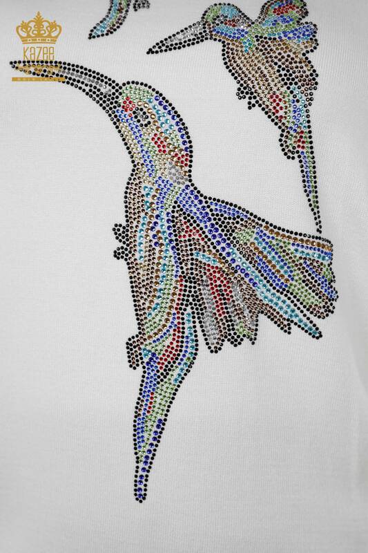 المرأة الجملة تريكو الطيور منقوشة الياقة المدورة حجر مطرز - 16459 | كازي