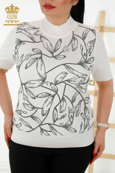 كنزة تريكو نسائية بالجملة - منقوشة بأوراق الشجر - بيج فاتح - 30240 | كازي - 2