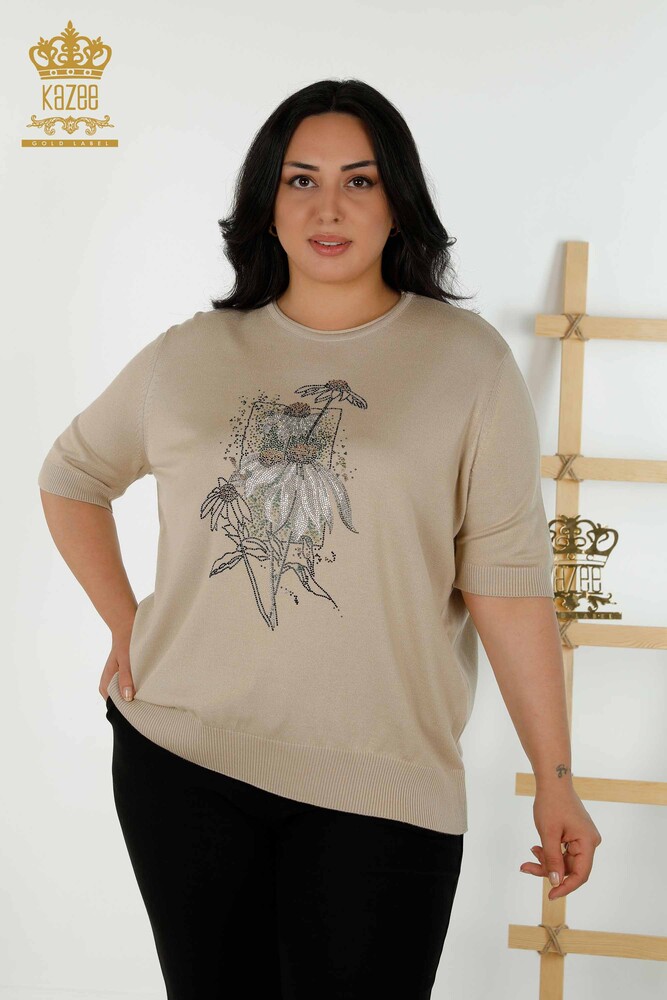 تريكو نسائي - بنمط مورد - بيج - 16963 | كازي - 1