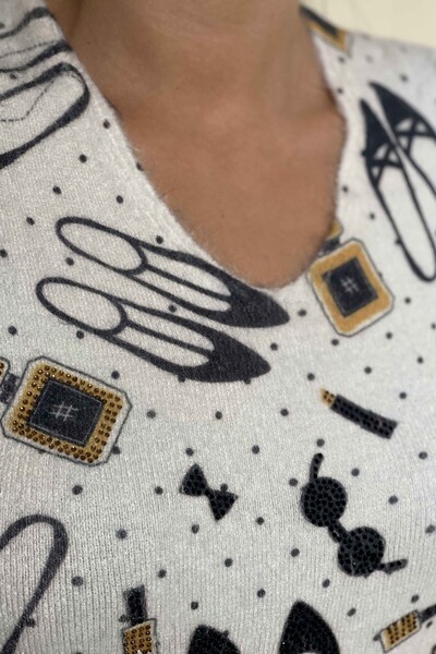 ملابس نسائية تريكو رقمية مطبوعة أنجورا رقبة على شكل حرف V - 18793 | كازي - Thumbnail