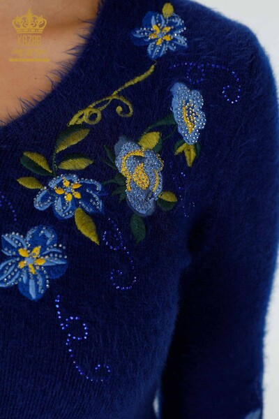 كنزة تريكو نسائية بالجملة - أنغورا بنمط زهور - ساكس - 18917 | كازي - Thumbnail