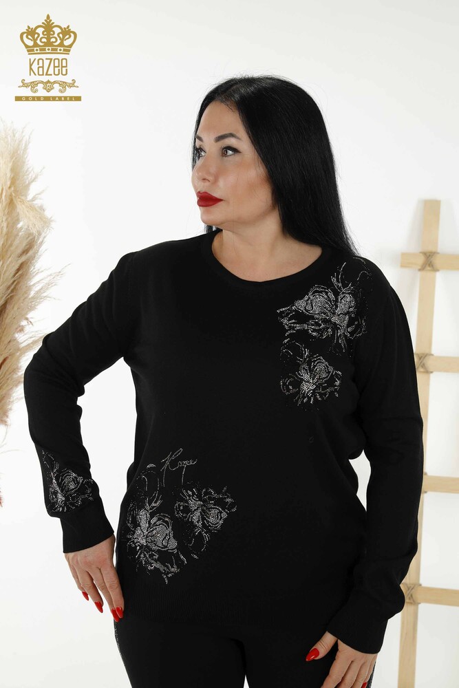تريكو نسائي بالجملة - نمط الأزهار - أسود - 30152 | كازي - 1