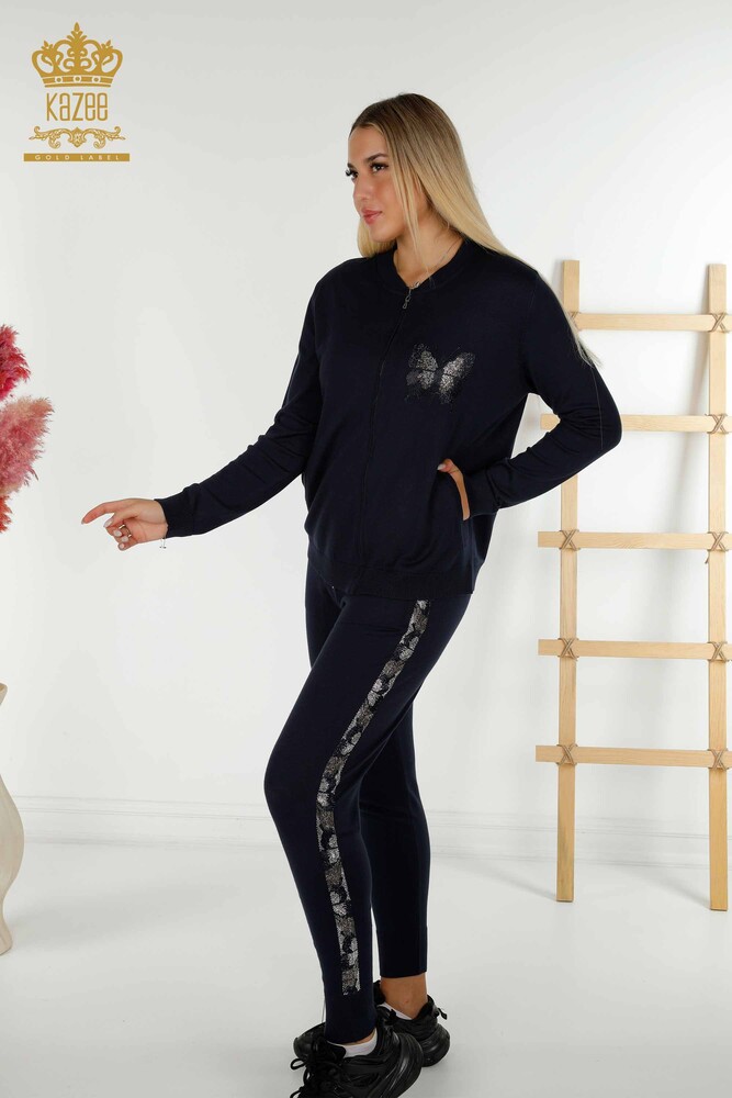 طقم رياضي نسائي بالجملة - نمط الفراشة - أزرق داكن - 16678 | كازي - 3