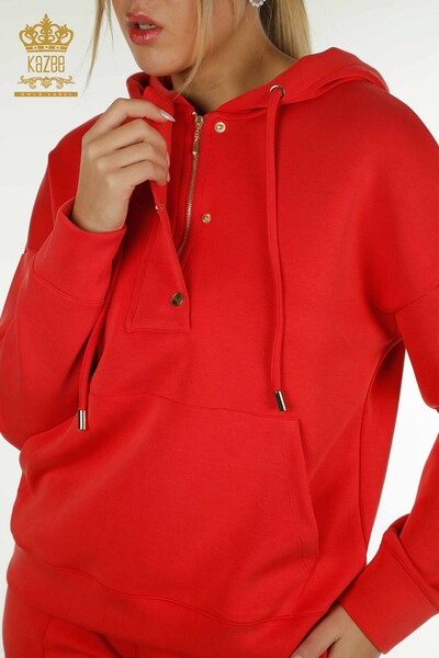 طقم رياضي نسائي بالجملة باللون الأحمر مع جيب بغطاء للرأس - 17627 | كازي - Thumbnail
