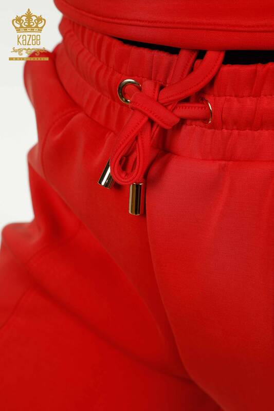 طقم رياضي نسائي بالجملة باللون الأحمر مع جيب بغطاء للرأس - 17627 | كازي