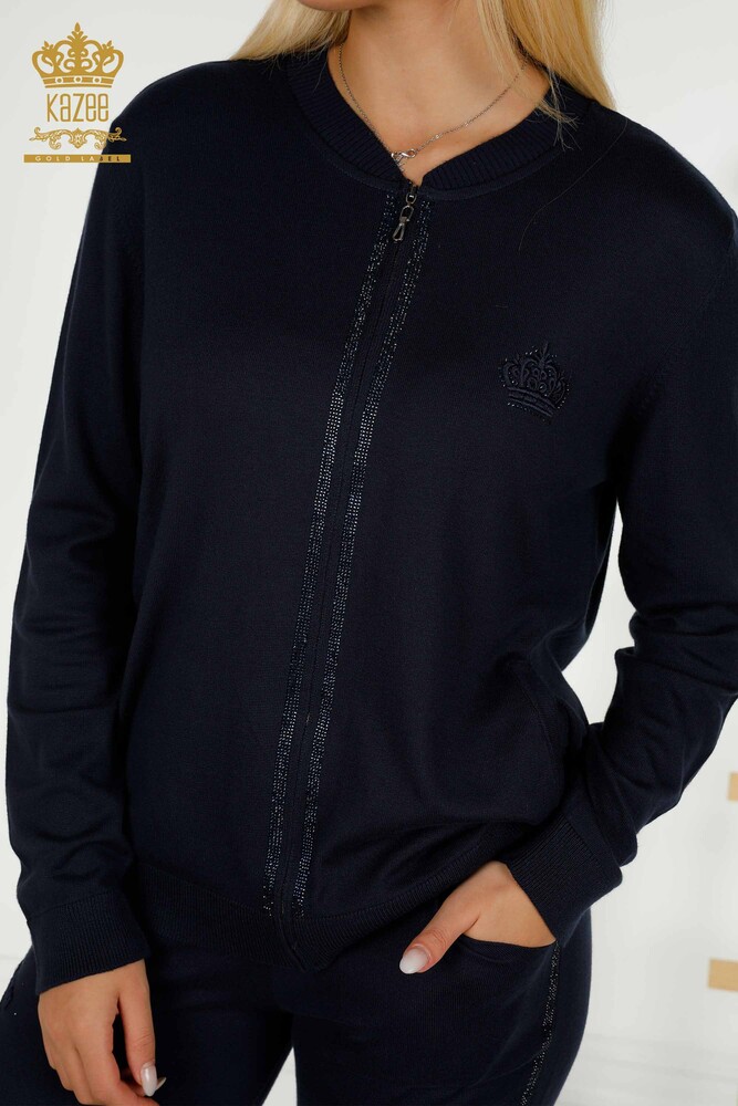 طقم رياضي نسائي بالجملة بسحاب أزرق كحلي - 30638 | كازي - 3