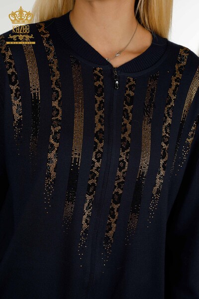 طقم رياضي نسائي بالجملة مع جيوب بسحاب أزرق داكن - 16280 | كازي - 4