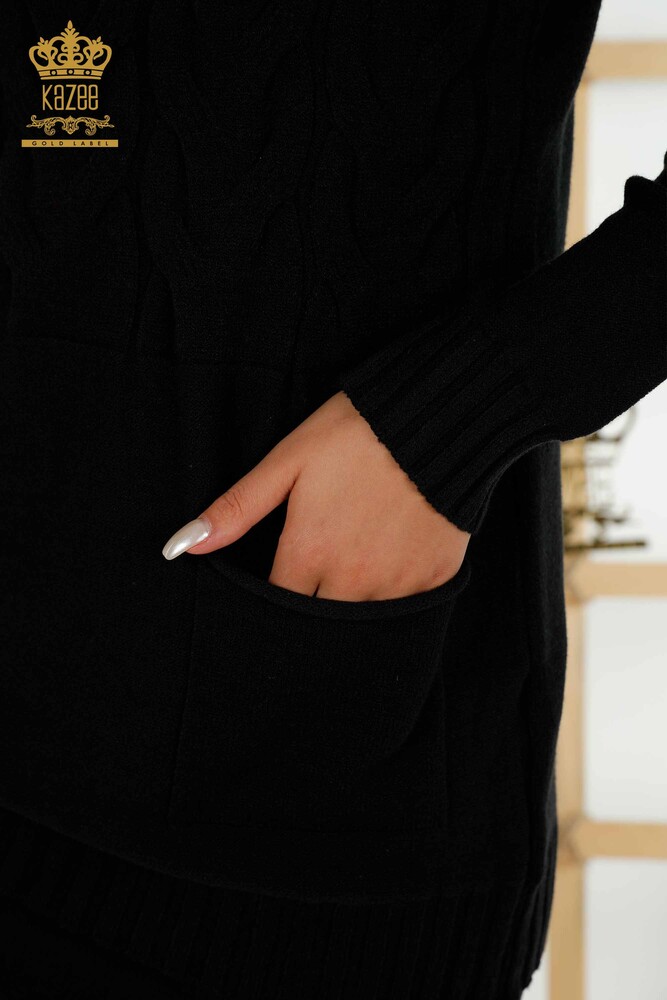 سترة تريكو نسائية بالجملة - قبة عالية - أسود - 30231 | كازي - 4