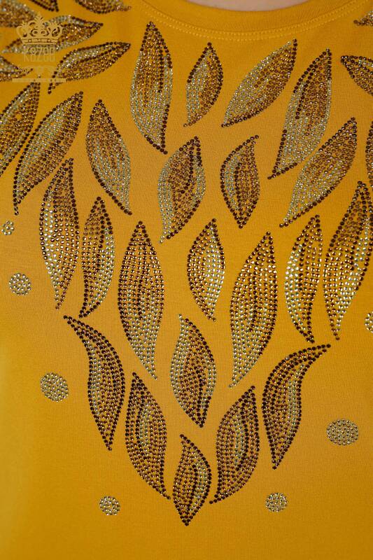 بلوزة حريمي - منقوشة على شكل ورق - زعفران - 79053 | كازي
