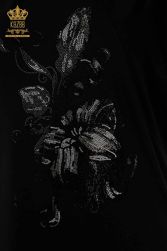 بلوزة حريمي بالجملة - نقش الأزهار - أسود - 79121 | كازي