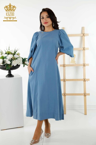 فستان نسائي بالجملة - كم بالون - أزرق - 20329 | كازي - Thumbnail