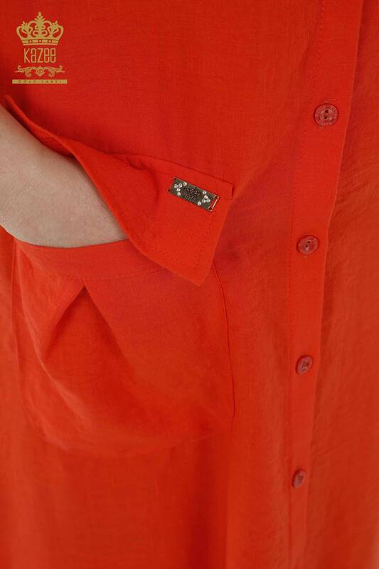 فستان نسائي بالجملة - مفصل بأزرار - برتقالي - 20383 | كازي