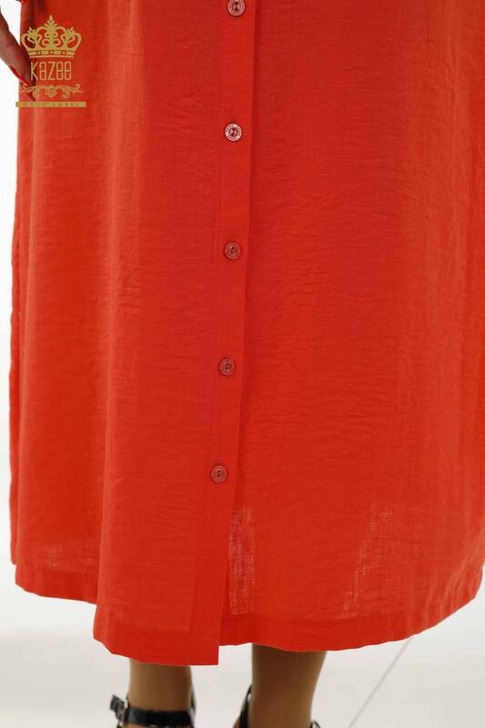 فستان نسائي بالجملة - مفصل بأزرار - برتقالي - 20383 | كازي