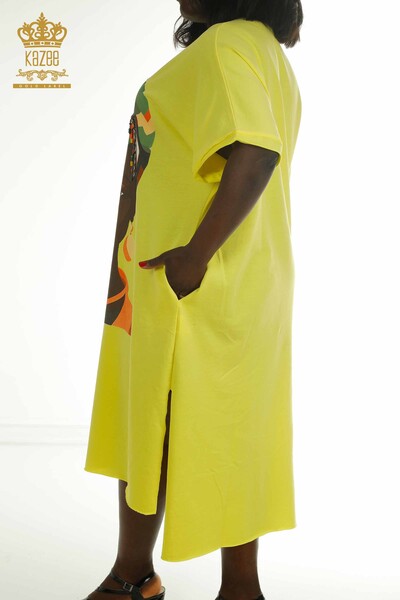 فستان نسائي بالجملة مطرز أصفر - 2402-231001 | اس اند ام - Thumbnail