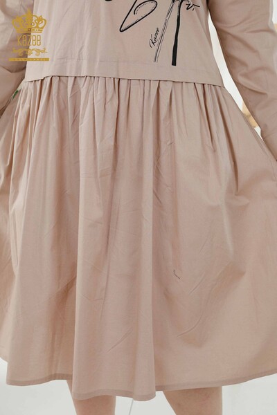 فستان نسائي - مزخرف - مفصل بأزرار - بيج - 20324 | كازي - Thumbnail