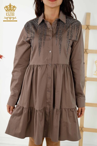 فستان نسائي - مزرر - مطرز بالحجر - بني - 20229 | كازي - Thumbnail (2)