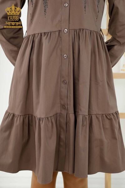 فستان نسائي - مزرر - مطرز بالحجر - بني - 20229 | كازي - Thumbnail