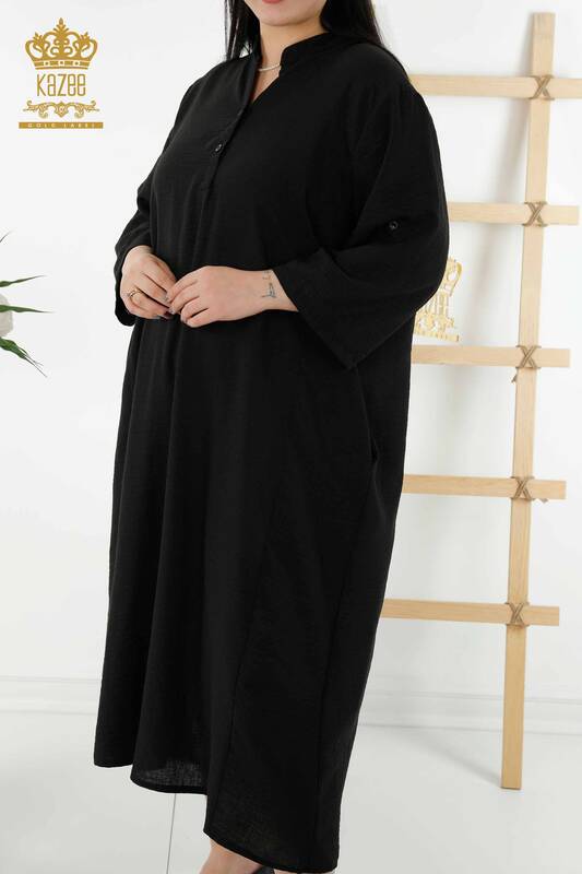 فستان نسائي - نصف زر مفصل - أسود - 20384 | كازي