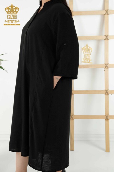 فستان نسائي - نصف زر مفصل - أسود - 20384 | كازي - Thumbnail