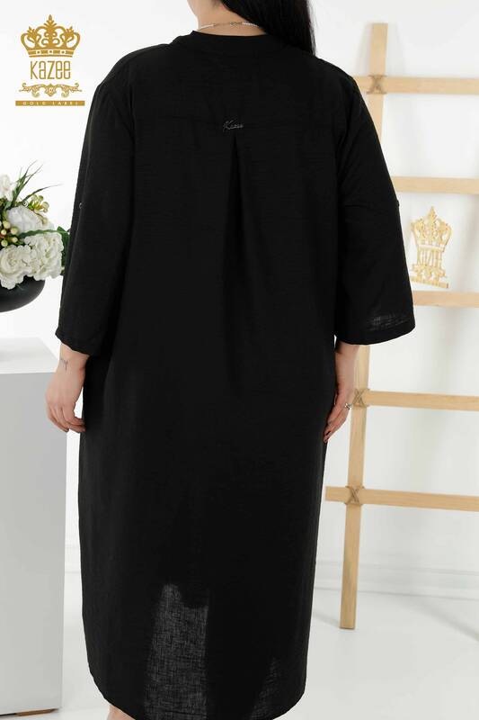 فستان نسائي - نصف زر مفصل - أسود - 20384 | كازي