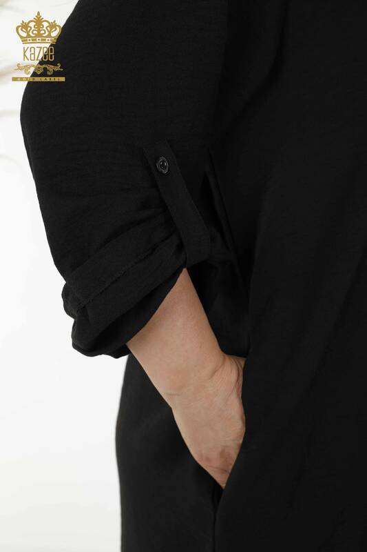 فستان نسائي - نصف زر مفصل - أسود - 20385 | كازي