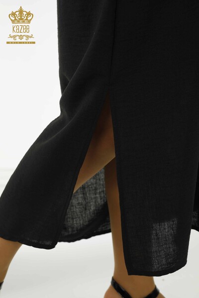 فستان نسائي - نصف زر مفصل - أسود - 20385 | كازي - Thumbnail