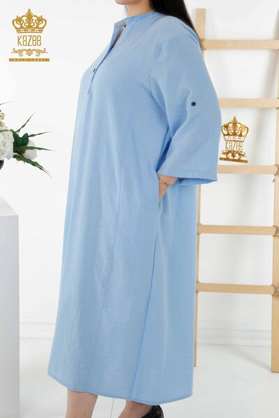 فستان نسائي - نصف زر مفصل - أزرق - 20384 | كازي - Thumbnail