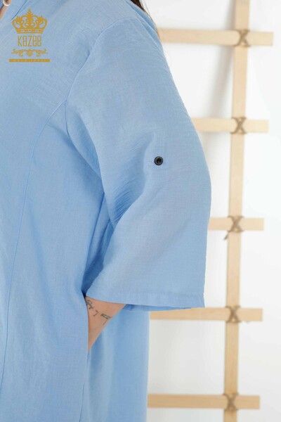 فستان نسائي - نصف زر مفصل - أزرق - 20384 | كازي - Thumbnail