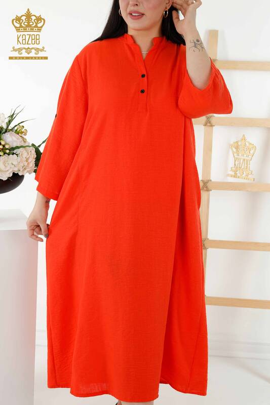 فستان نسائي - نصف زر مفصل - برتقالي - 20384 | كازي