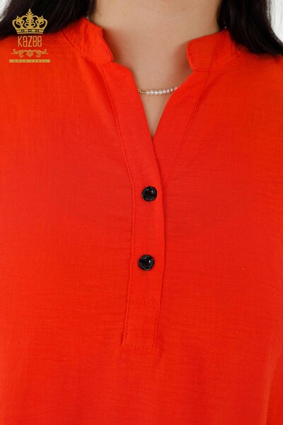 فستان نسائي - نصف زر مفصل - برتقالي - 20384 | كازي - Thumbnail
