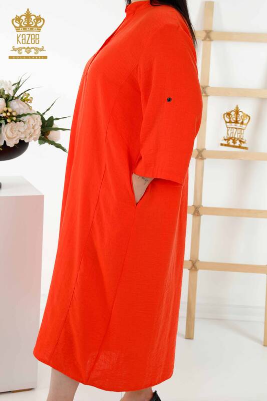 فستان نسائي - نصف زر مفصل - برتقالي - 20384 | كازي