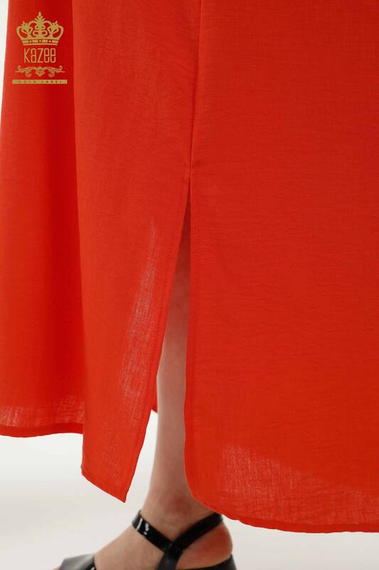 فستان نسائي - نصف زر مفصل - برتقالي - 20385 | كازي