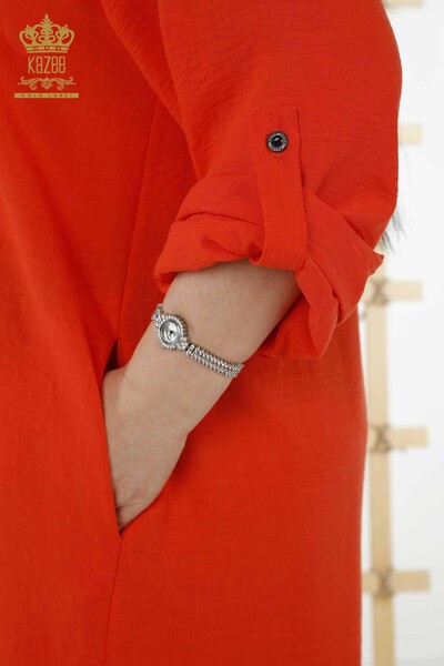 فستان نسائي - نصف زر مفصل - برتقالي - 20385 | كازي - Thumbnail