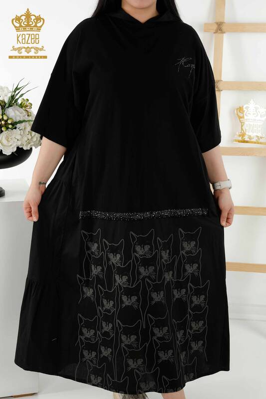 فستان نسائي بالجملة - نمط قطة - مقنع - أسود - 20330 | كازي