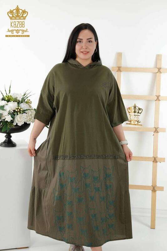 فستان نسائي بالجملة - نمط قطة - هودي - كاكي - 20330 | كازي
