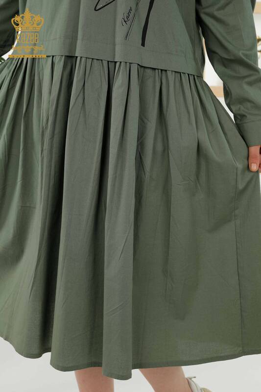 فستان نسائي - مزخرف - مفصل بأزرار - كاكي - 20324 | كازي