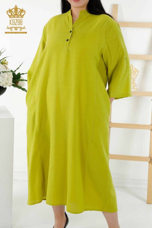 فستان نسائي - نصف زر مفصل - أخضر - 20384 | كازي
