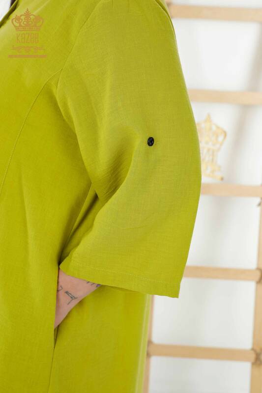 فستان نسائي - نصف زر مفصل - أخضر - 20384 | كازي