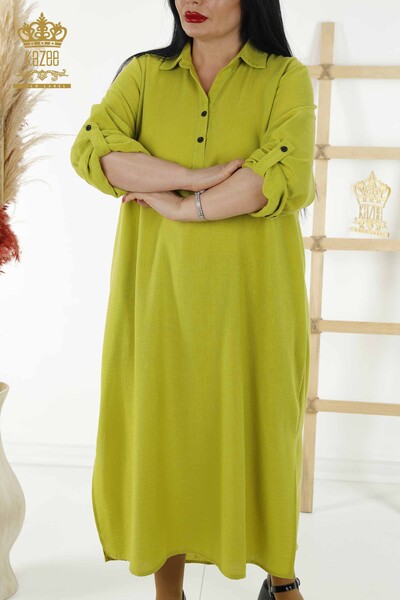 فستان نسائي - نصف زر مفصل - أخضر - 20385 | كازي - Thumbnail
